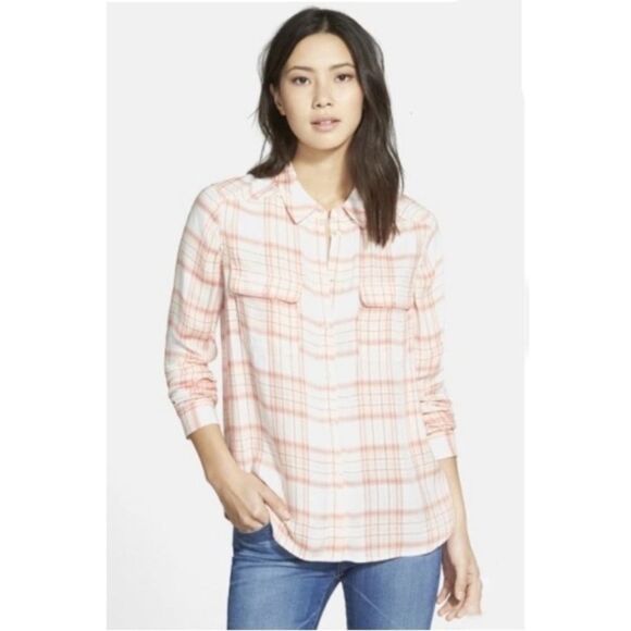 Paige Pink Coral Plaid Trudy long sleeve Button Down Shirt size small - Picture 3 of 11